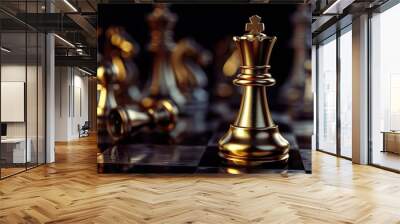 Gold chess piece standing on chessboard with chess pieces. Wall mural