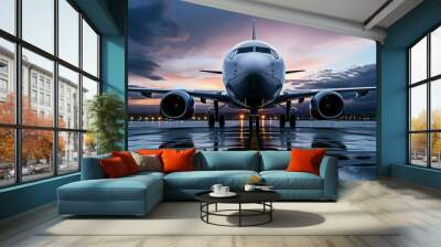 Passenger plane front shot, scene above the ground, front angle photo, industrial angle. Wall mural