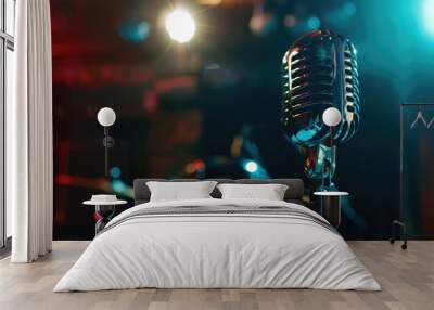 Retro microphone on stage with blurred blue and red lights in the background. Wall mural