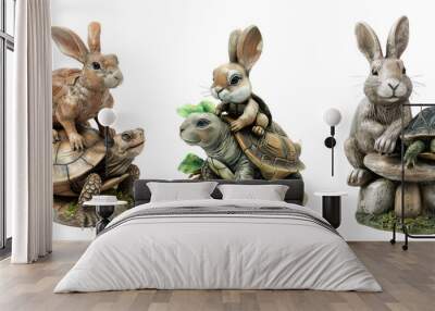 Set of A rabbit and turtle race statue isolated on transparent background. Wall mural