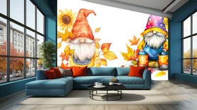 Set of Kawaii Gnome with sunflower and autumn leaves clipart isolated on transparent background. Wall mural