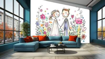 Whimsical illustration of a smiling bride and groom holding hands in a colorful floral garden. Perfect for wedding invitations and romantic themes. Wall mural