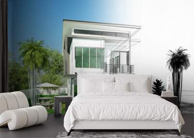 sketch design of house ,3dwire frame render Wall mural