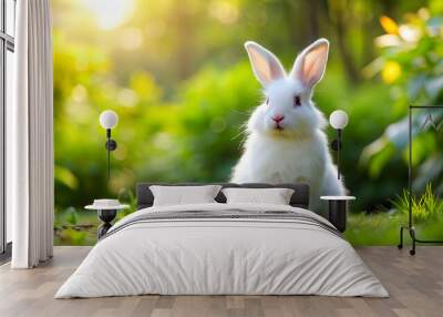 A fluffy white rabbit sitting in a lush green garden, bunny, cute, pet, animal, fluffy, adorable, furry, wildlife, nature, outdoor Wall mural