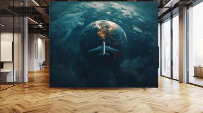 Airplane Flying Over Earth. Wall mural