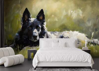 Black German Shepherd Dog Lying in Grass Oil Painting Wall mural