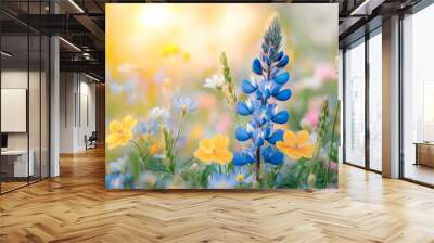 Blue Lupine Flower in a Field of Wildflowers with Sunlight Wall mural