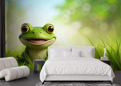 Cartoon frog sitting in the grass with a smile on its face, frog, cartoon, cute, green, sitting, smiling, grass, nature Wall mural