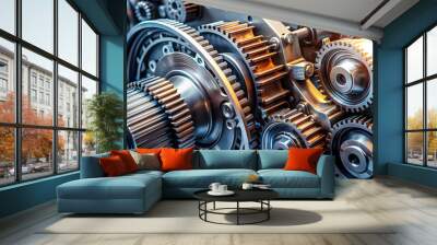 Close up of a powerful engine with gears and metal parts, engine, close up, machine, automotive, mechanical, machinery Wall mural