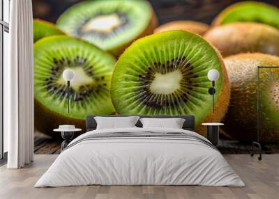 Close-up of a whole kiwi fruit and its juicy segments , fresh, tropical, green, healthy, sliced, vibrant, delicious Wall mural