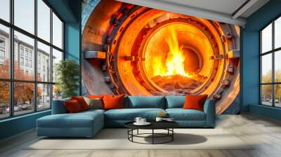 Close up of flame in rotary kiln during heating mode in cement plant, flame, rotary kiln, heating, cement plant Wall mural