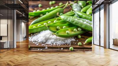 Close-up of fresh sugar pea and snow peas on a wooden table, fresh, organic, green, vegetable, healthy, raw, nutrition, food Wall mural