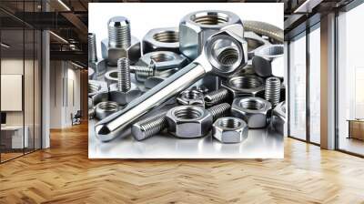 Collection of metal nuts and tools on white background, nuts, bolts, screws, metal, tools, hardware, engineering Wall mural