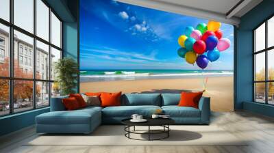 Colorful balloons floating on the sandy beach under a clear blue sky , balloons, beach, sand, colorful, fun, celebration, party Wall mural