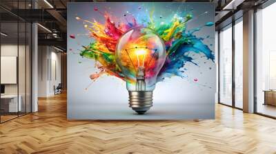 Colorful light bulb explosion with shards and paint, representing creativity and innovation, creativity, innovation Wall mural