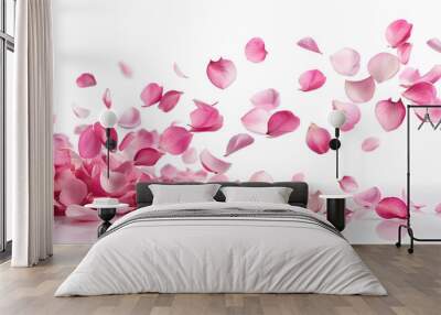 Dance of floating pink petals in the air, cut out on white background, pink, petals, floating, air, romantic, ethereal, delicate Wall mural