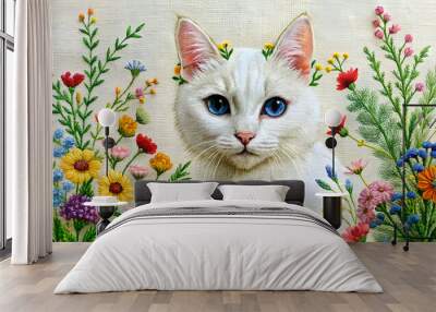 Embroidery of a beautiful white cat covered in wild flowers on a blanket, White cat, embroidery, wild flowers, blanket, decor, artistic Wall mural