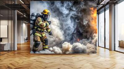 Firefighter breaking through a dense wall of smoke , emergency, hero, rescue, bravery, firefighter, danger, fire Wall mural