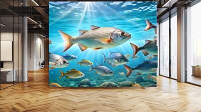 Fish swimming gracefully in clear blue water , underwater, aquatic, marine life, peaceful, nature, swimming, vibrant Wall mural