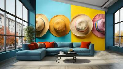 Four stylish summer hats on background, summer, fashion, hats, isolated,various styles, headwear, accessory, sun protection Wall mural