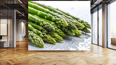 Fresh asparagus with water droplets on white background, asparagus, fresh, green, vegetable, healthy, food, nutrition Wall mural