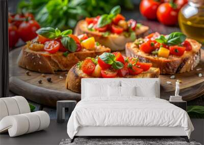 Fresh bruschetta appetizer with tomatoes, basil, and seasoning on crusty bread, tomatoes, basil, bruschetta, appetizer, snack Wall mural