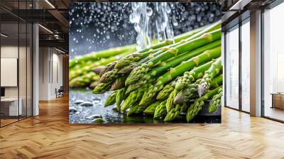 Fresh organic asparagus being washed with water , organic, asparagus, fresh, washed, water, preparation, dish, healthy Wall mural