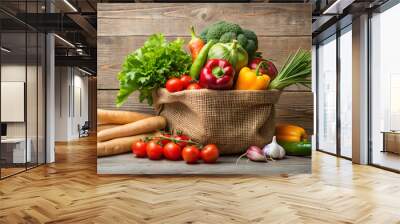 Fresh vegetables in a burlap bag , fresh, vegetables, burlap bag, organic, natural, farm fresh, produce, green, healthy, nutrition Wall mural