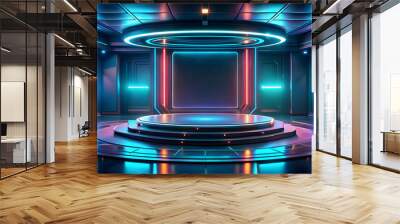 Futuristic cyberpunk display podium with  rendering for gaming technology , gamer, futuristic, cyberpunk, sci-fi, display Wall mural