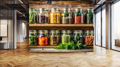 Glass jars filled with fresh herbs and spices on a wooden shelf , herbs, spices, jars, collection, flavor, aroma Wall mural