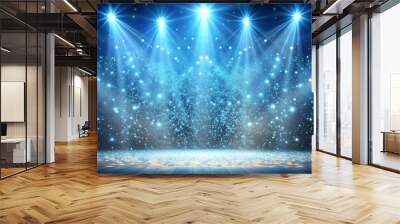 Glittering light blue particles on stage with shining lights, glitter, light blue, particles, stage, light, shine Wall mural