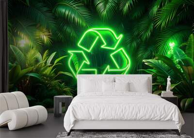 Glowing big green neon recycle symbol amidst tropical plants garden at night, recycle, symbol, neon, green Wall mural