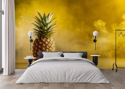 Golden Pineapple on Yellow Background with Vibrant Smoke , exotic, tropical, colorful, vibrant, fruit, pineapple, yellow Wall mural