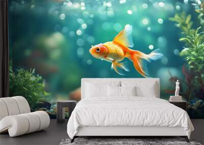 Goldfish Swimming in Aquarium with Green Plants and Pebbles Wall mural