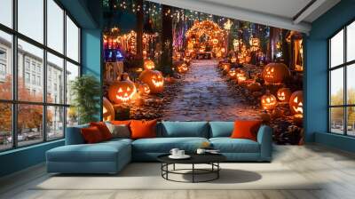 Halloween Pumpkin Path Illuminated by Fairy Lights Wall mural