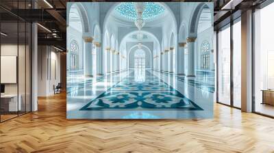 Islamic Mosque Interior White Marble Floor Blue Tiles Arches Columns Chandelier Decorative Windows Wall mural