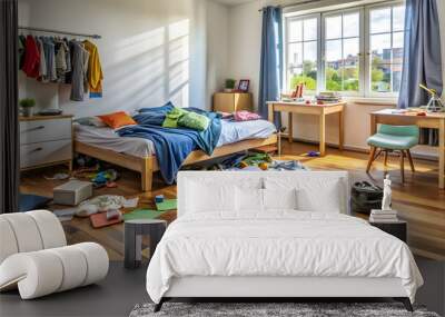 Messy teenager bedroom with clothes strewn on the floor, unmade bed, and scattered homework, untidy, disorganized, chaos Wall mural