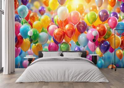 Multicolored balloons floating in a cheerful wedding background, balloons, colorful, celebration, festive, party, marriage Wall mural