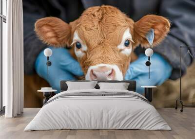 Newborn Calf Held by Farmer in Gloves Wall mural