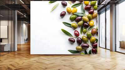 Olives scattered on a clean white background, olives, food, fresh, healthy, green, vegetarian, Mediterranean, ingredient, snack Wall mural