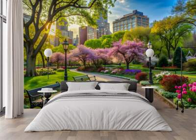 Peaceful urban park with blooming flowers and green trees, nature, outdoors, peaceful, scenery, trees, flowers Wall mural