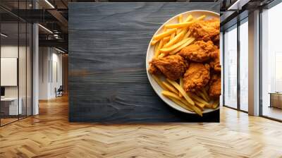 Plate of crispy fried chicken and golden fries, fried, chicken, fries, crispy, plate, tasty, delicious, comfort food Wall mural