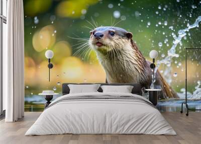 Playful otter splashing in water with a shiny coat, otter, animal, wildlife, playful, furry, aquatic, mammal, water, nature Wall mural