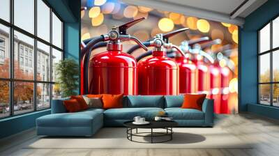 Red fire extinguishers in a row with bokeh background, fire extinguisher, red, safety equipment, emergency Wall mural