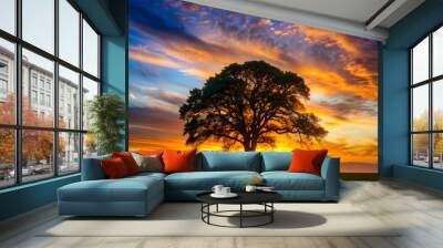 Silhouette of a majestic poplar tree against a sunset sky, nature, landscape, outdoors, tree, poplar, silhouette,majestic Wall mural