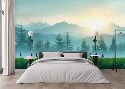 Silhouette of People Hiking in Mountain Landscape Wall mural