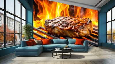 Sizzling grilled steak on flaming barbecue grill with smoke and caramelized edges, steak, grilled, barbecue, flame, smoke Wall mural