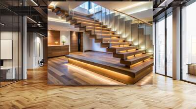 Sleek home interior with wooden stairs illuminated by LED lighting under each step, home, interior, sleek, wooden Wall mural