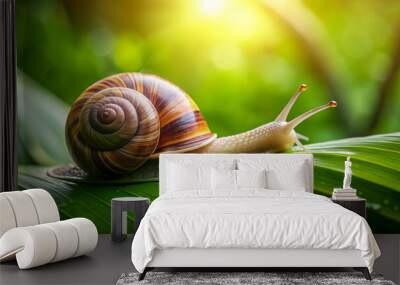 Snail crawling on verdant leaf in lush garden ecosystem, snail, crawling, verdant, leaf, lush, garden, ecosystem, nature Wall mural