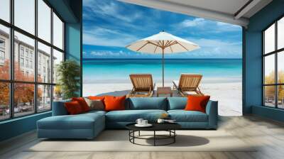 Tropical Beach Paradise with Two Lounge Chairs and White Umbrella Wall mural